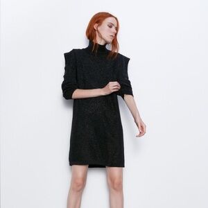 Zara Shoulder Detail Glitter Mini Black Dress